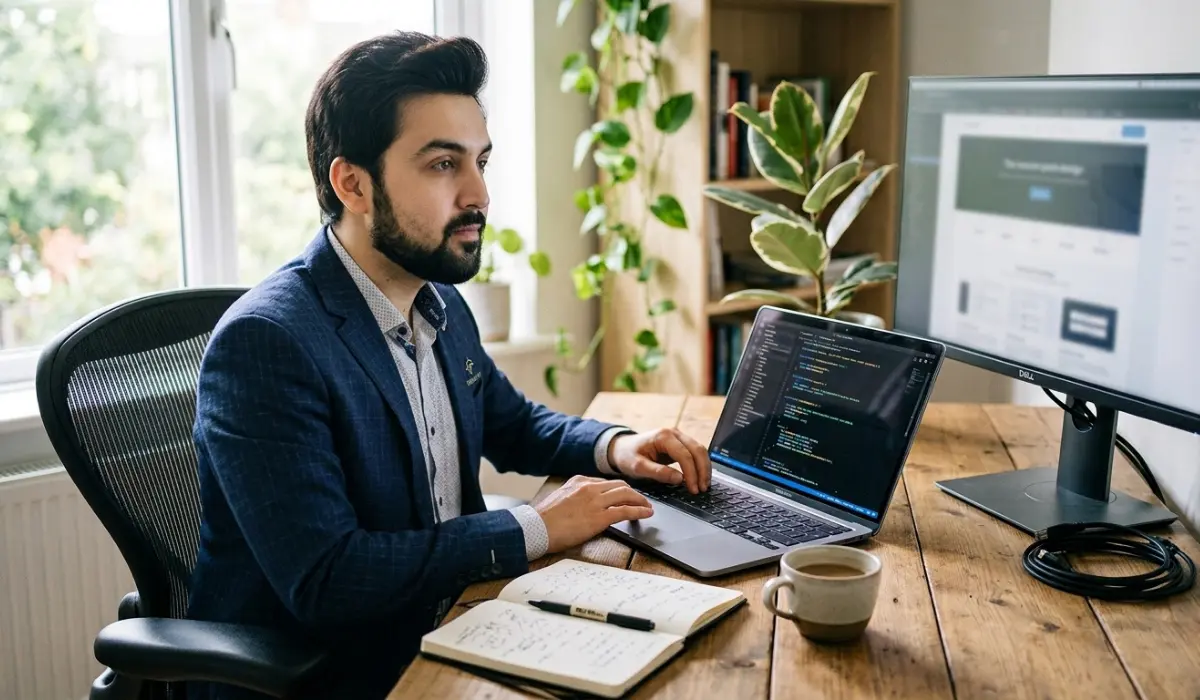 About TibbaTech founder Sarfraz Raza working at his desk on a client website