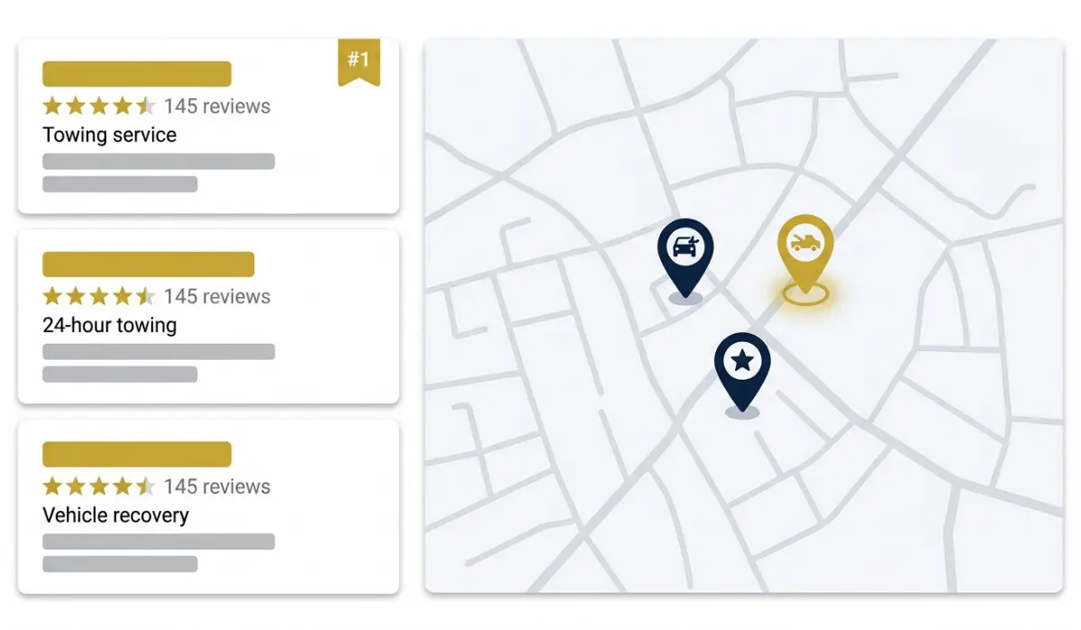 Local map pack ranking view for a towing client, identifying details removed