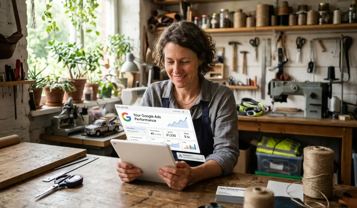 Service business owner reviewing Google Ads campaign results and booked job leads