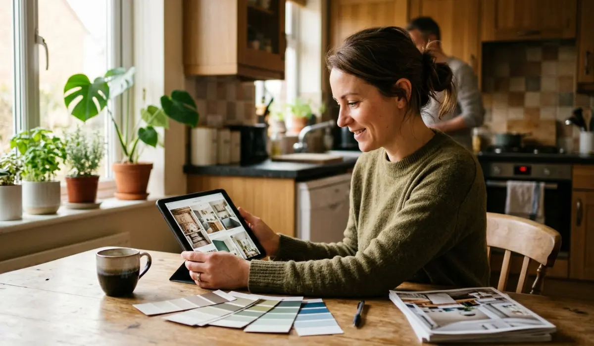 Homeowner researching kitchen and bathroom remodeling ideas online before hiring a contractor